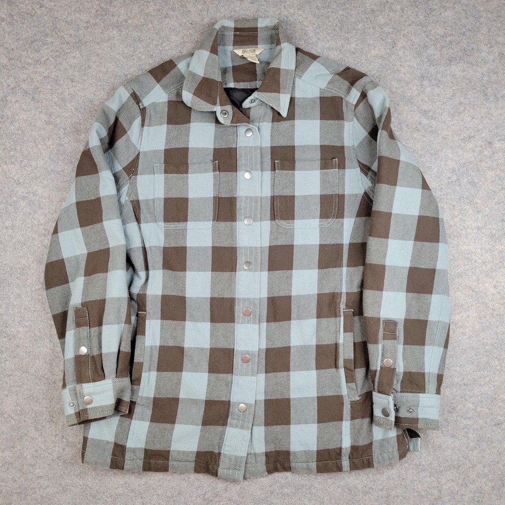 Duluth Trading Jacket Womens Large Blue Plaid Flannel Snap Shacket Insulated